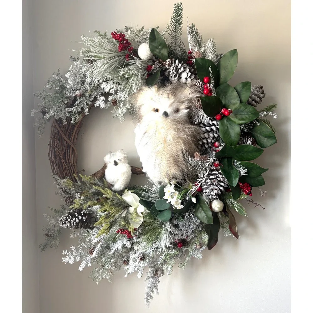 Woodland Owl Christmas Wreath Frosted Pinecone Berry Grapevine‎ Holiday Decor